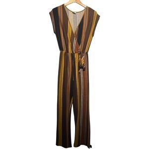 Caution To The Wind Brown and Yellow Jumpsuit with V-neckline and Tie Wa…